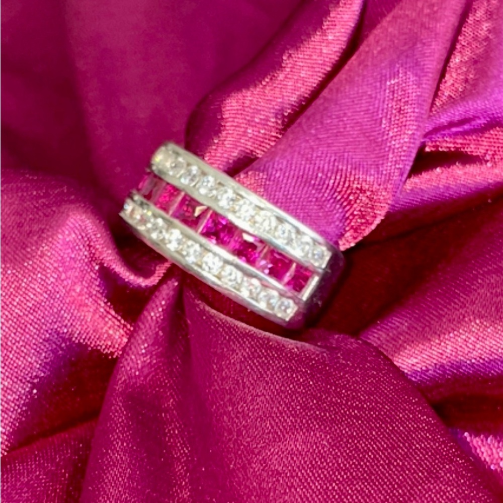 Vintage 925 Sterling Silver Channel Set Ruby and CZ Eternity Band Ring, Size 7